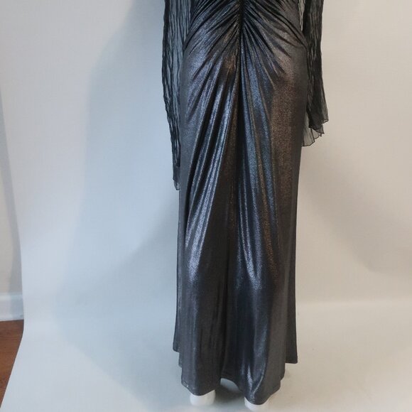 Women Tadashi Collection Gunmetal Shimmer Ruched V-Neck Sleeveless Gown Dress L - Picture 14 of 16